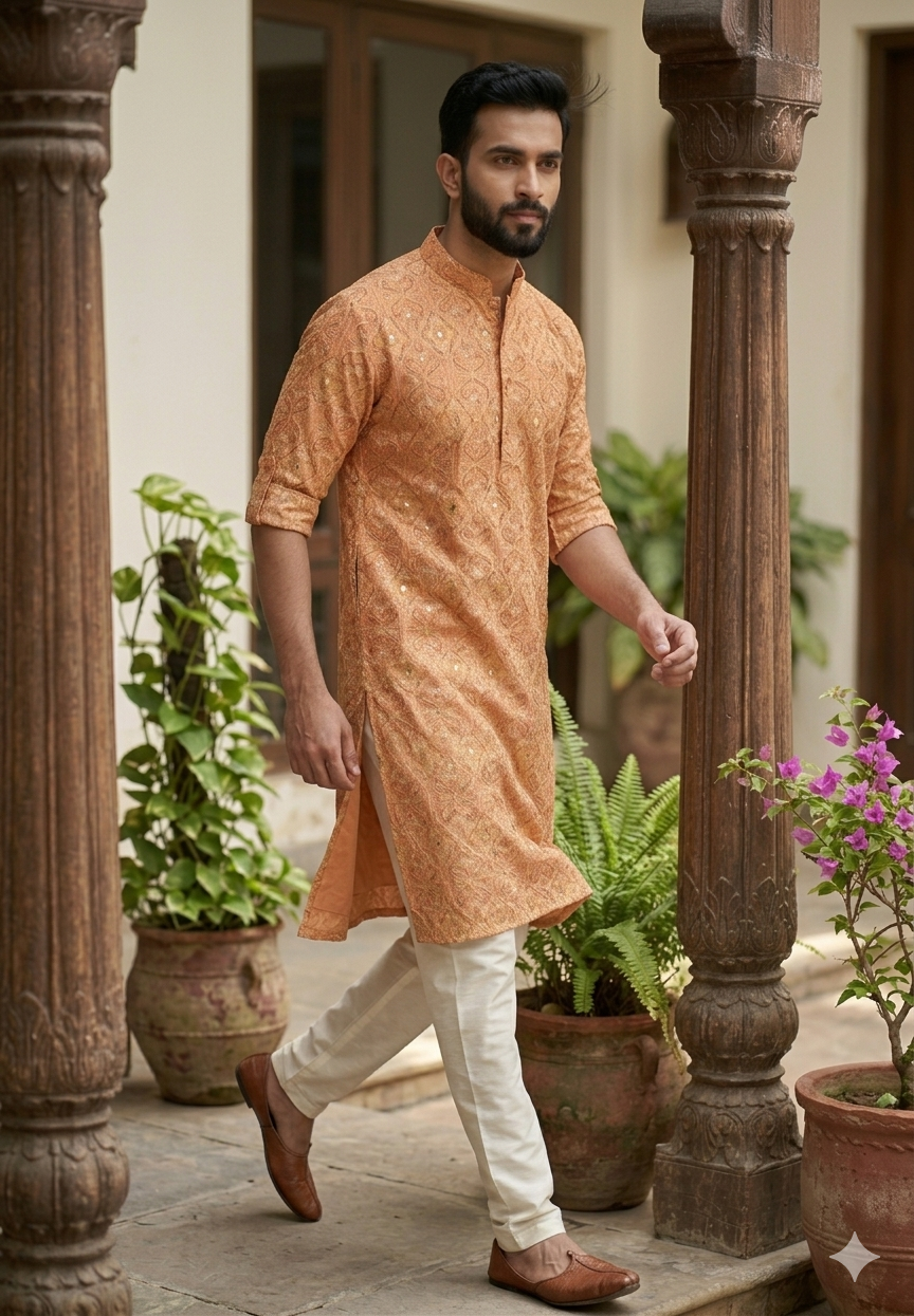 PEACH ORENGE KURTA WITH CHIKANKARI WORK