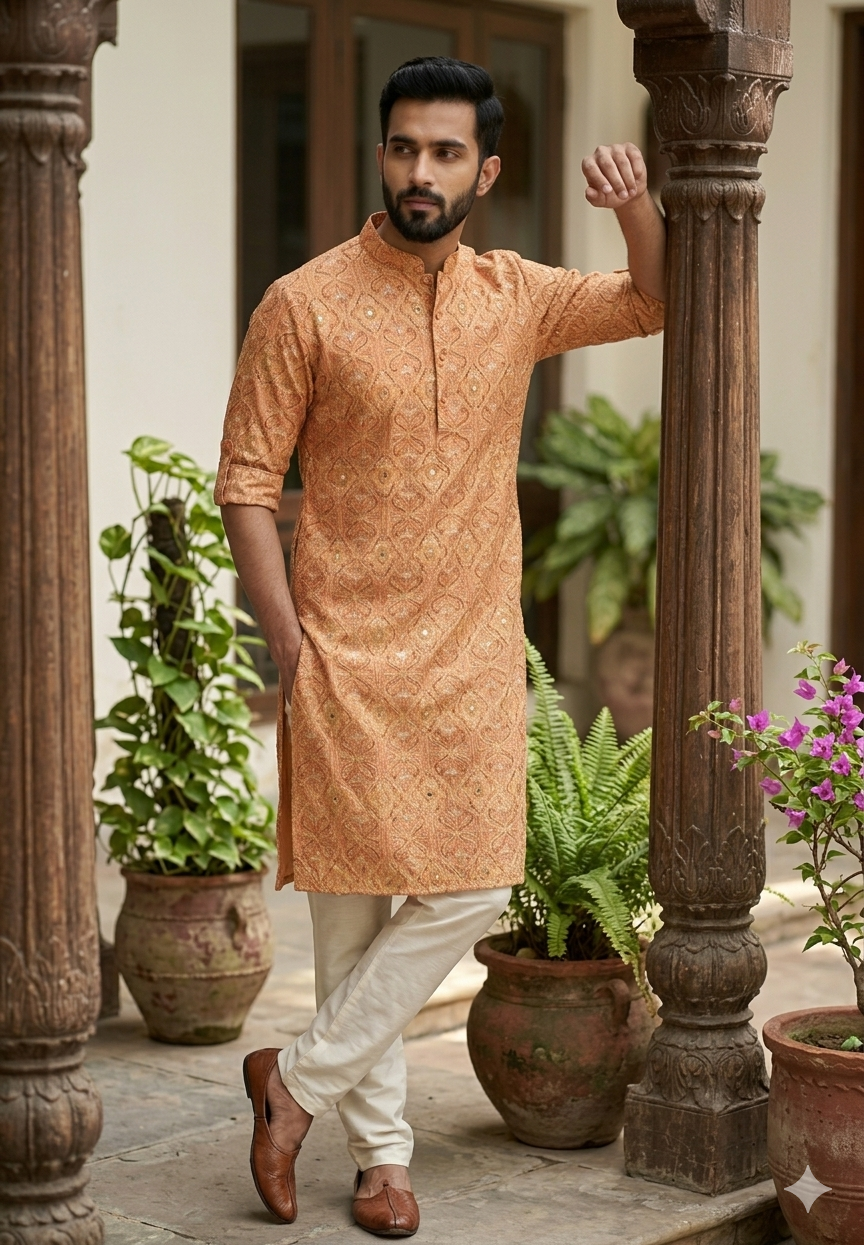 PEACH ORENGE KURTA WITH CHIKANKARI WORK