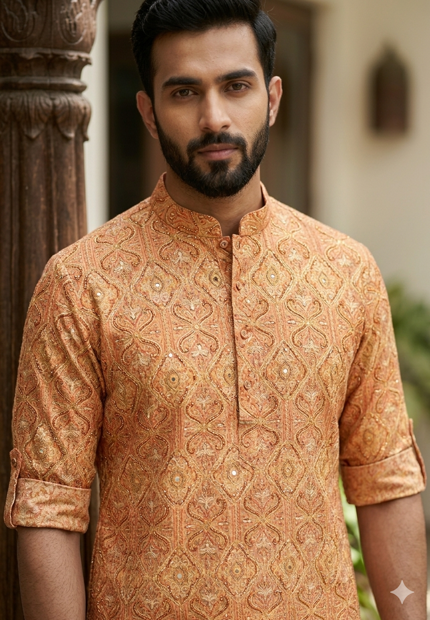 PEACH ORENGE KURTA WITH CHIKANKARI WORK
