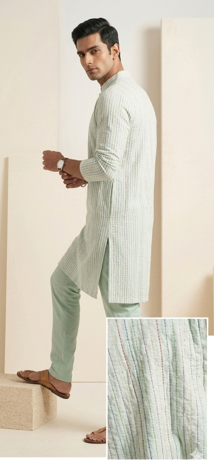 PASTEL MINT GREEN KANTHA-STITCH KURAT