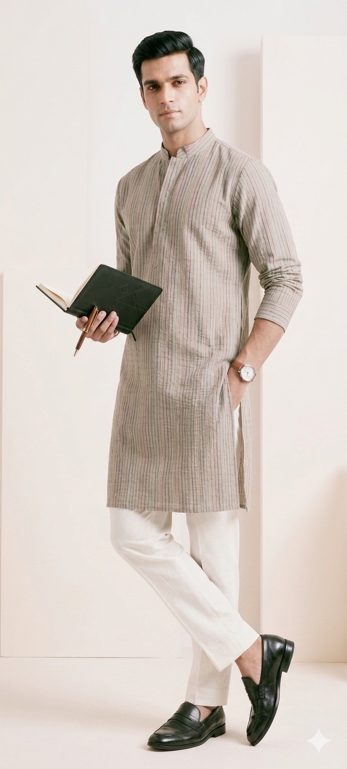 Light Grey Multy-Color Striped Kurta