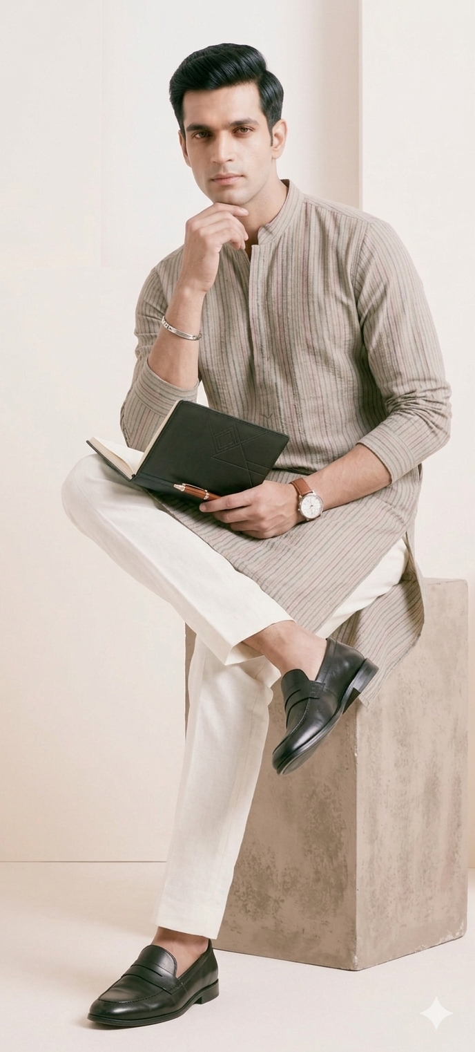 Light Grey Multy-Color Striped Kurta