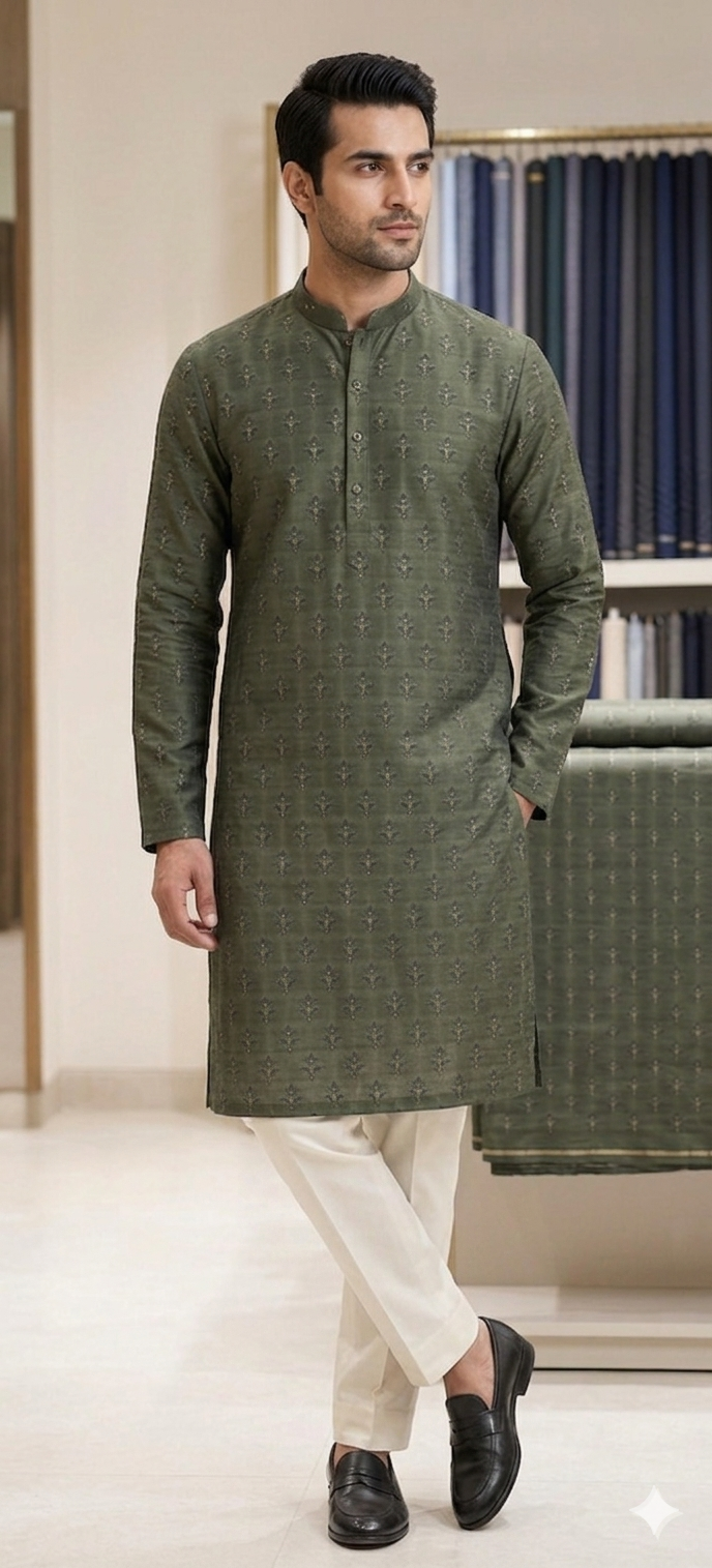 The Forest Slate Jacquard Kurta