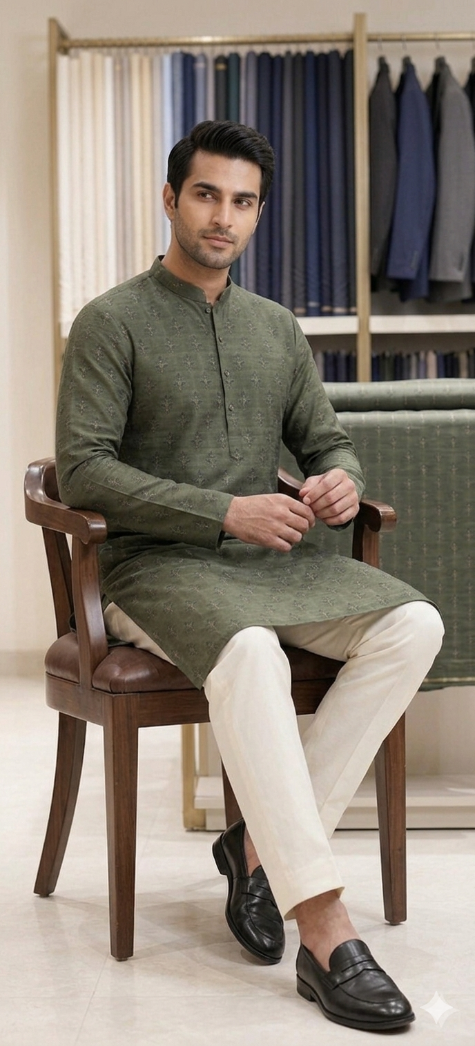 The Forest Slate Jacquard Kurta