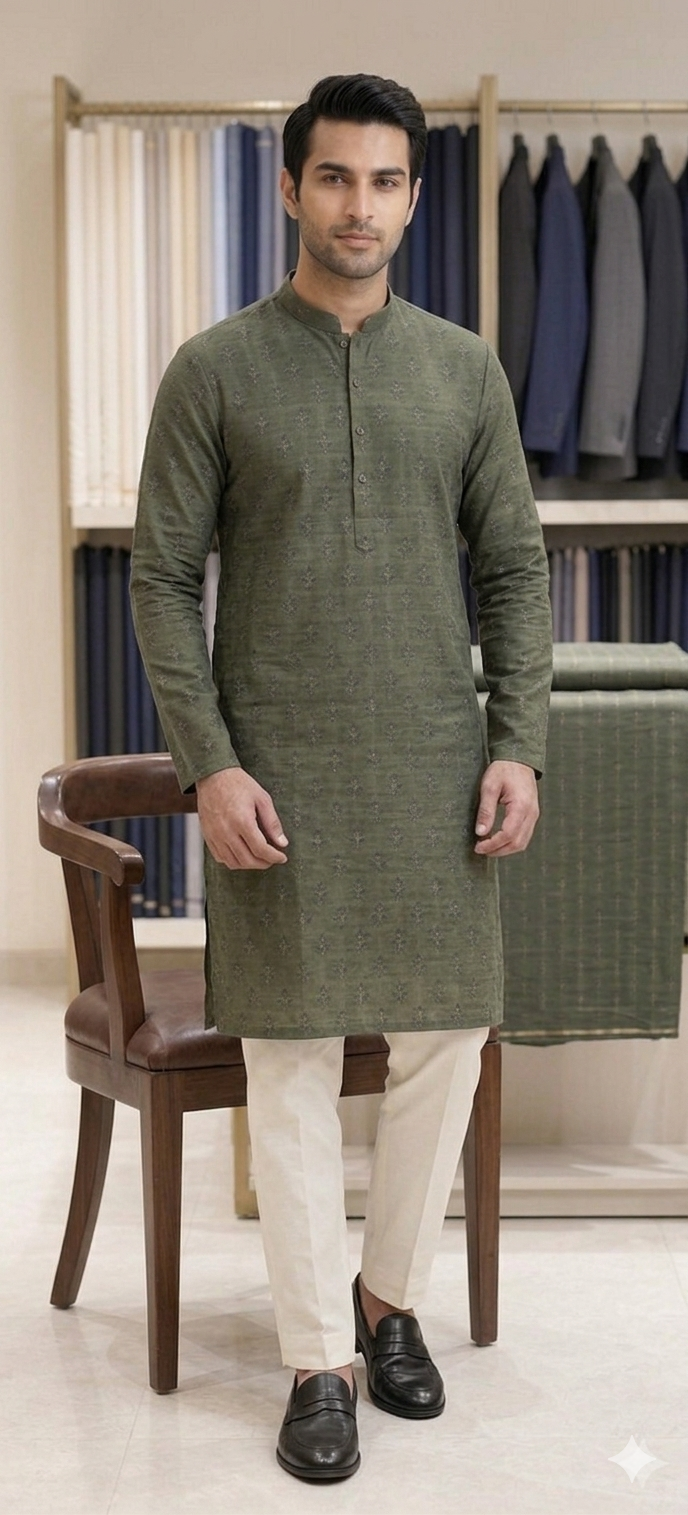 The Forest Slate Jacquard Kurta