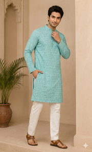 Sea Green Self Thread Work Kurta