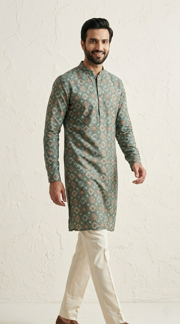 Deep Sage Green Self  Thread work Kurta