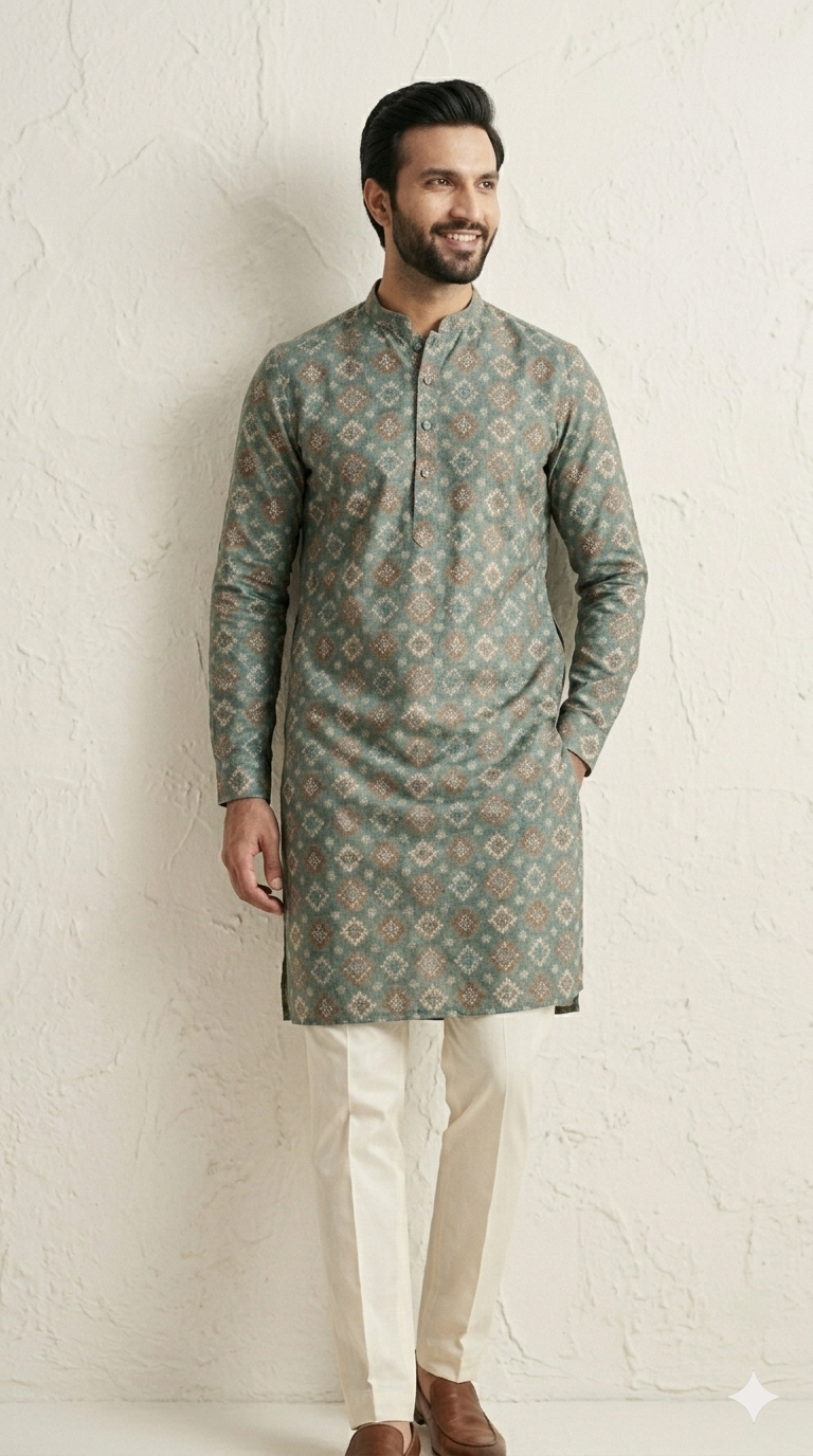Deep Sage Green Self  Thread work Kurta