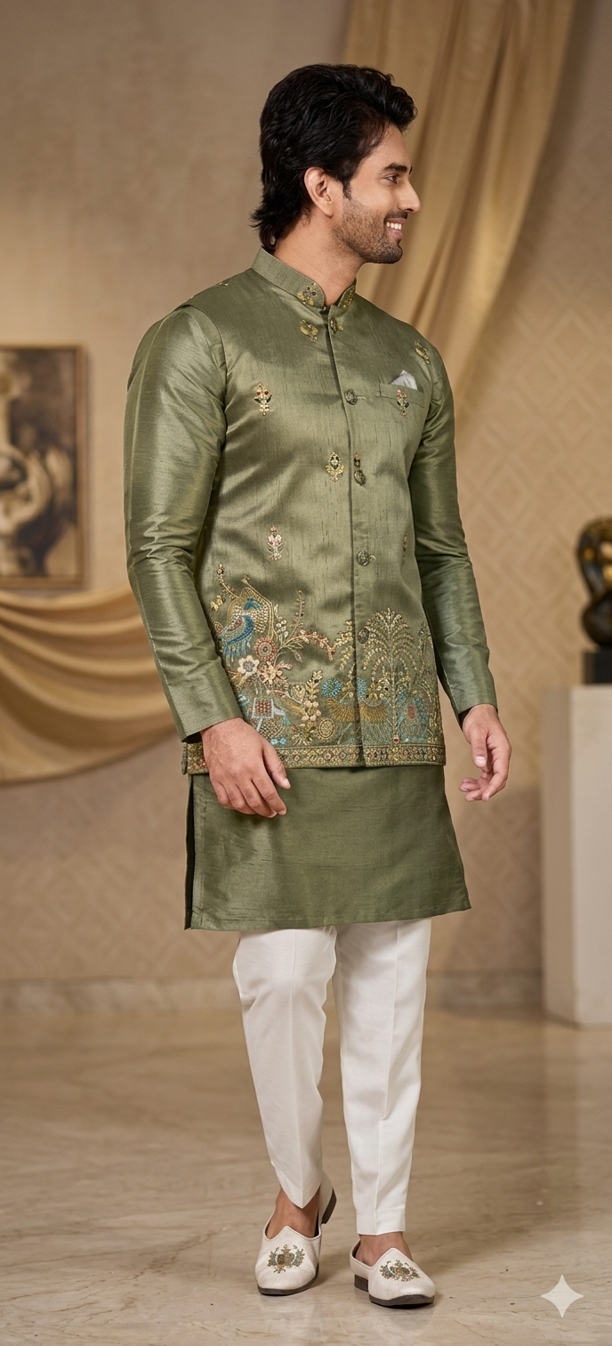 Olive Green Kurta Koti Set