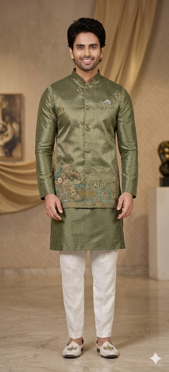 Olive Green Kurta Koti Set