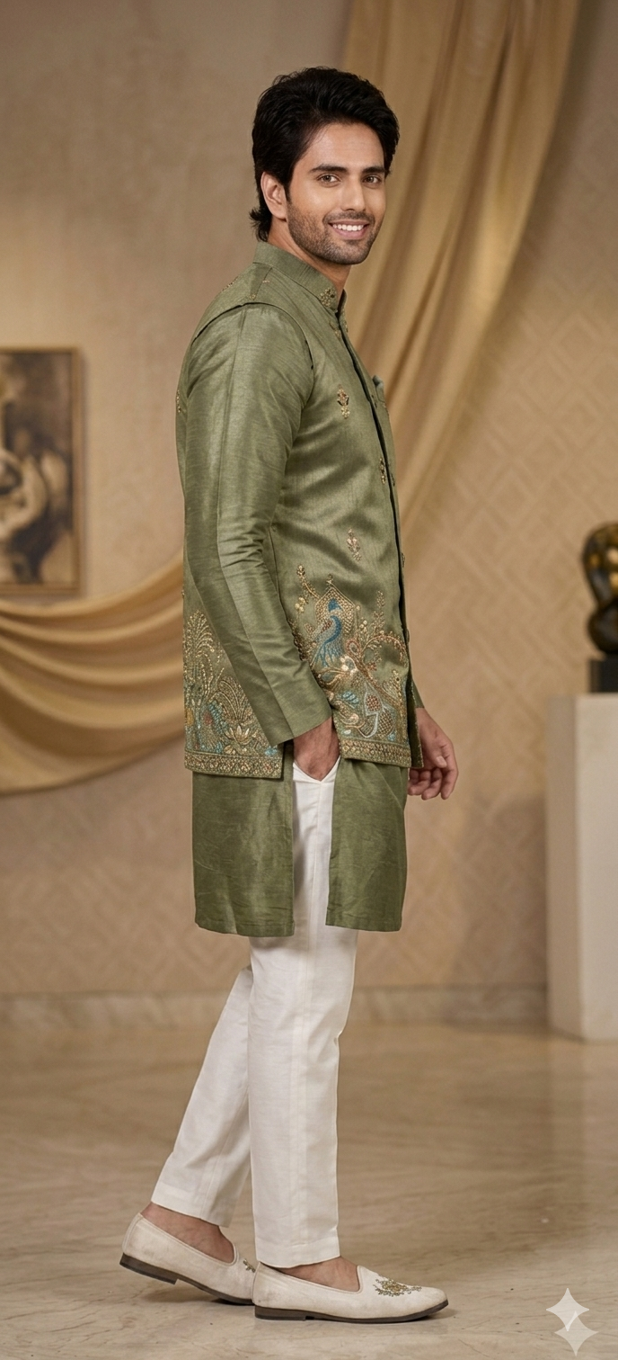 Olive Green Kurta Koti Set