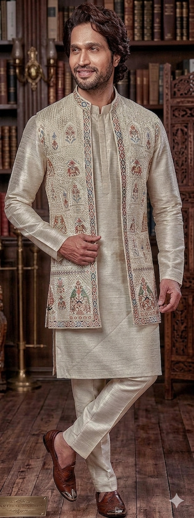 Ivory Silk Kurta and Nehru Jacket Set