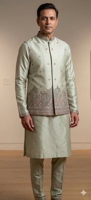 Sage Green Silk Nehru Jacket with Kurta