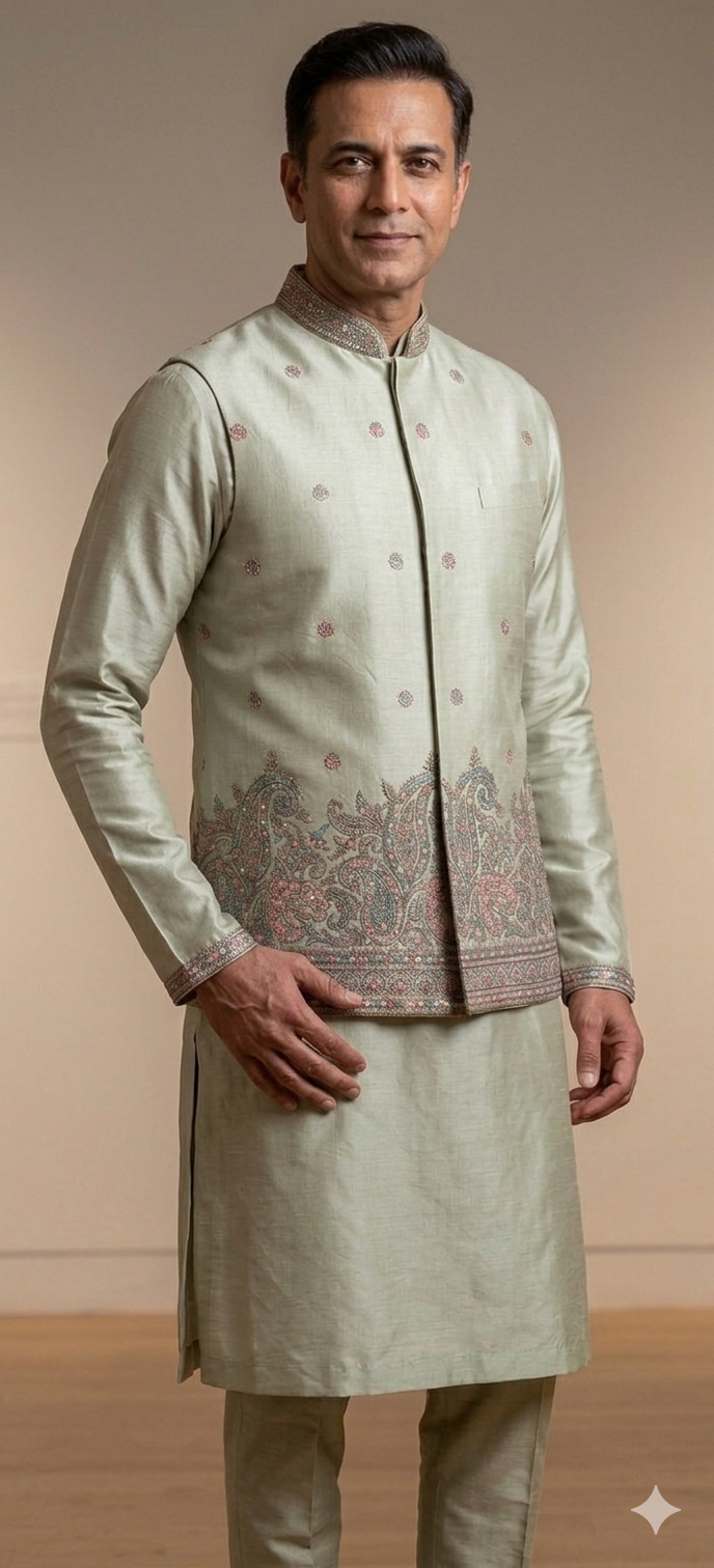 Sage Green Silk Nehru Jacket with Kurta