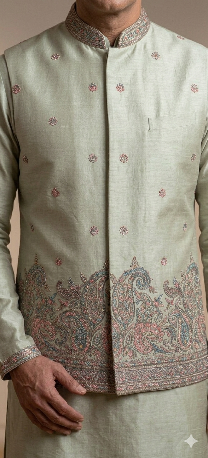 Sage Green Silk Nehru Jacket with Kurta