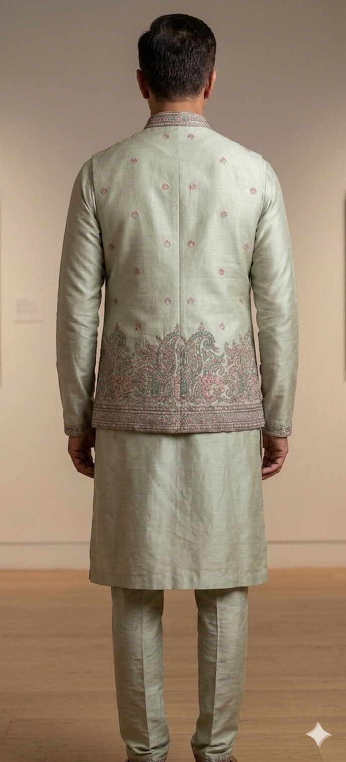 Sage Green Silk Nehru Jacket with Kurta
