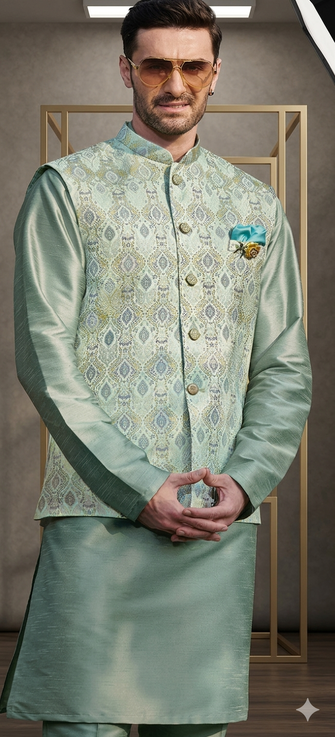 Mint Green Jacquard Nehru Jacket with Kurta Set