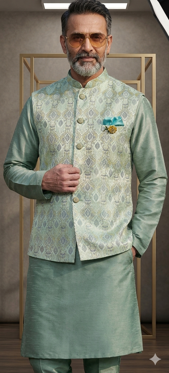 Mint Green Jacquard Nehru Jacket with Kurta Set
