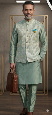 Mint Green Jacquard Nehru Jacket with Kurta Set
