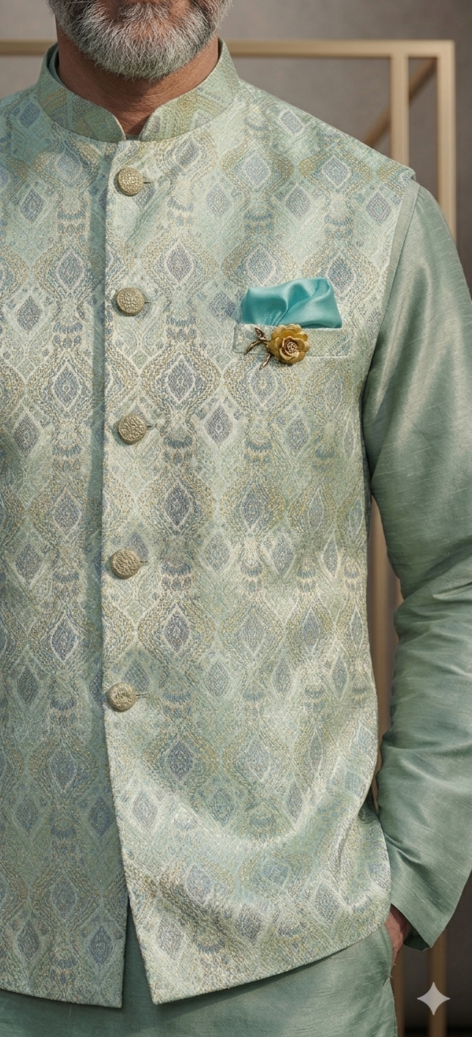 Mint Green Jacquard Nehru Jacket with Kurta Set