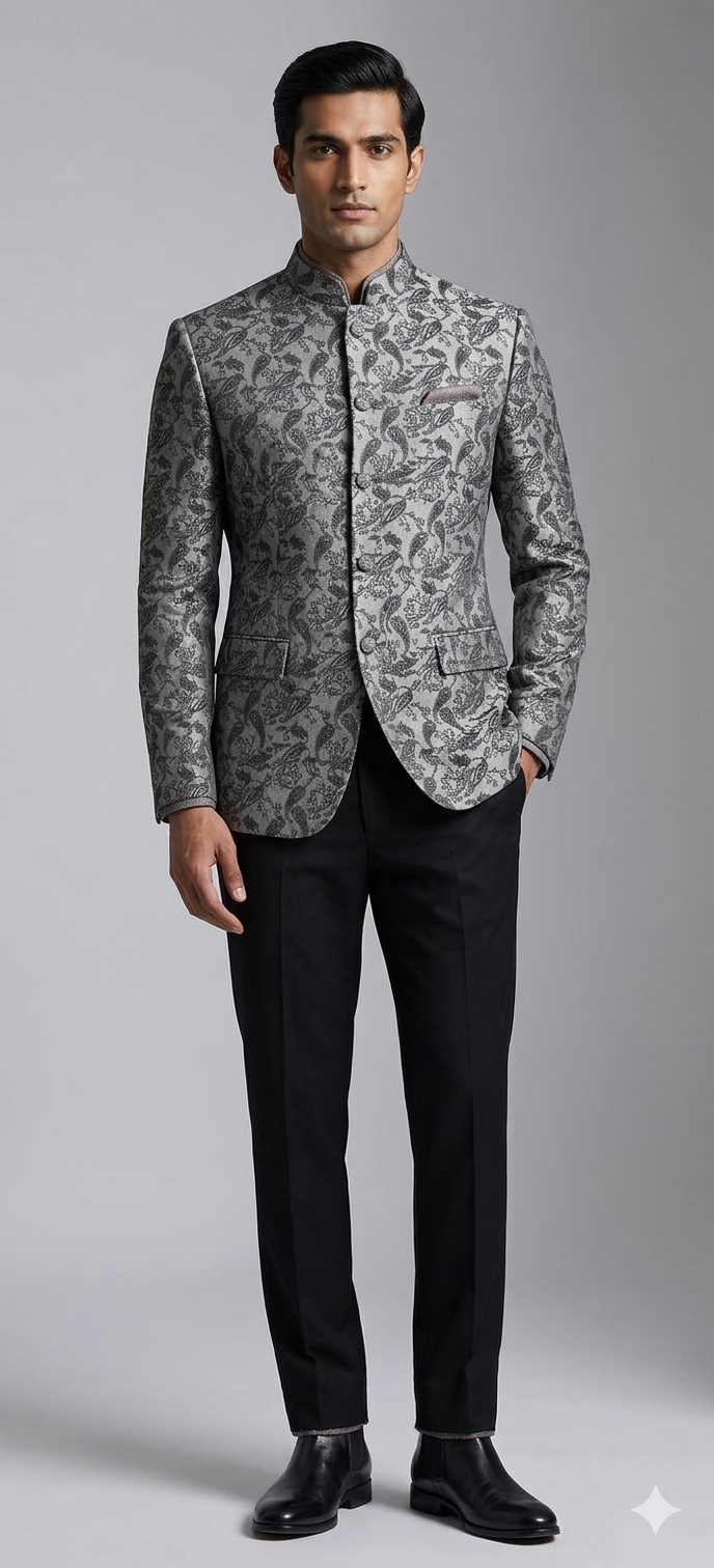 Grey Jacquard Bandhgala Set