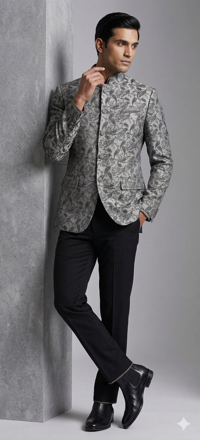 Grey Jacquard Bandhgala Set