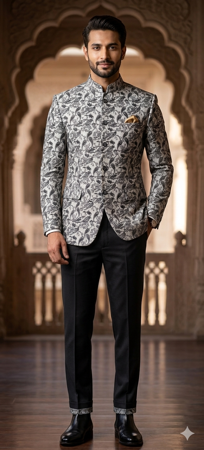 Grey Jacquard Bandhgala Set