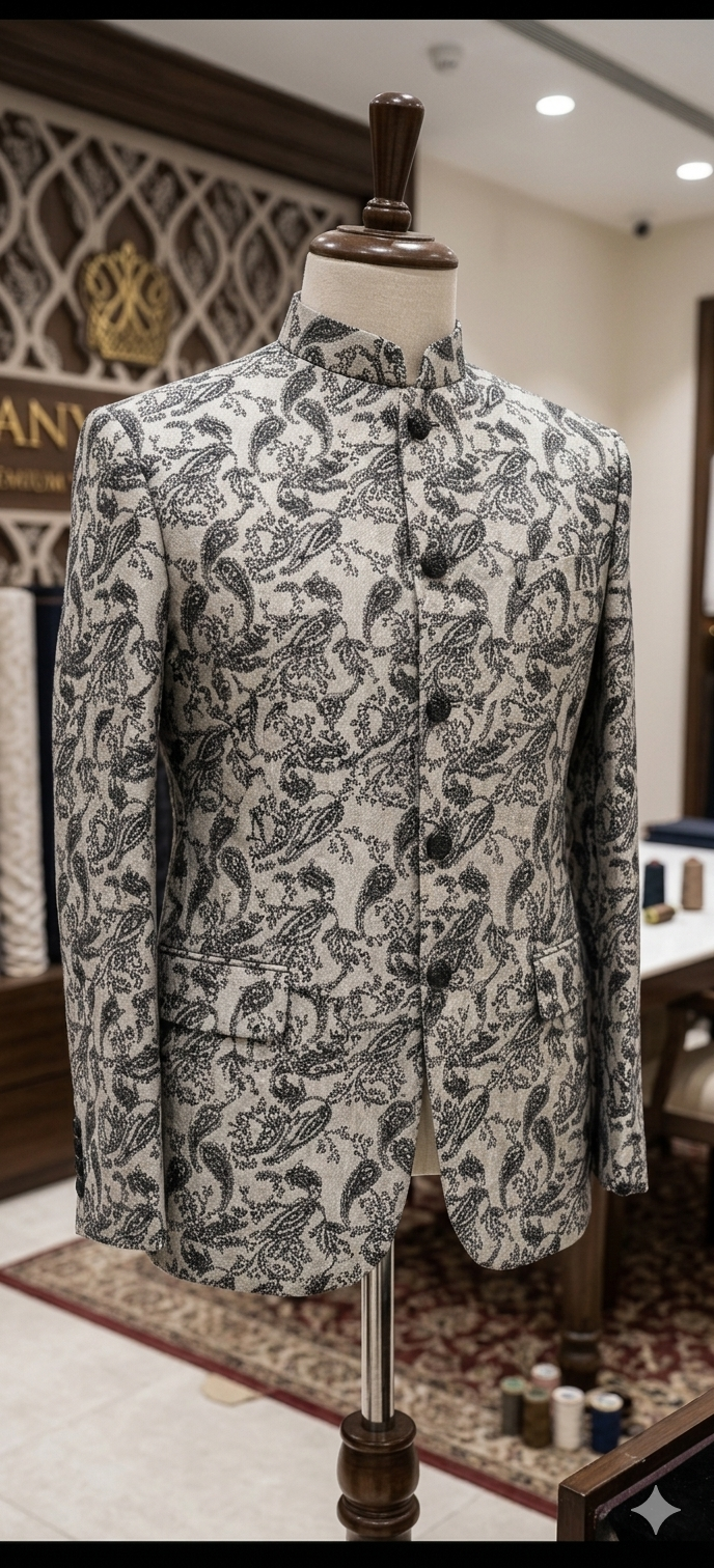 Grey Jacquard Bandhgala Set