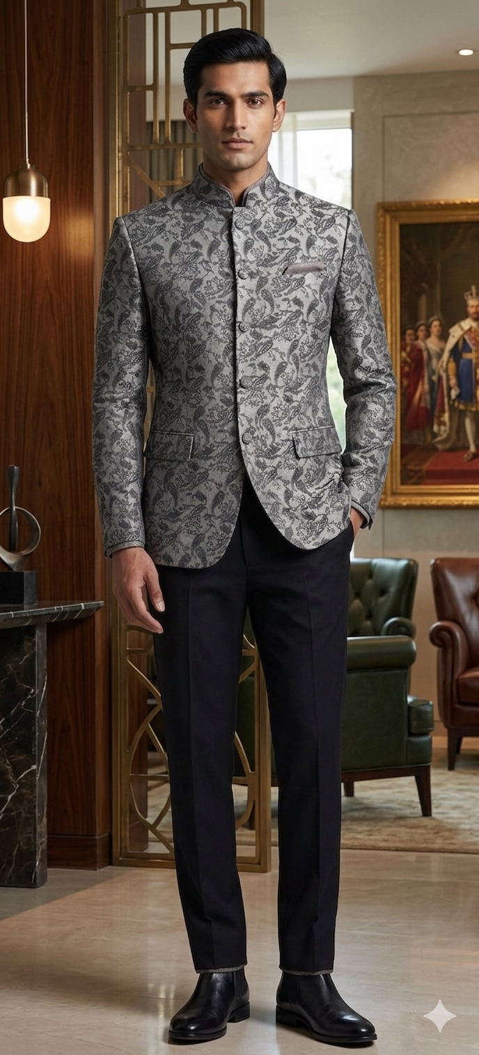 Grey Jacquard Bandhgala Set