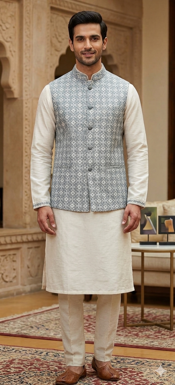 Light Grey jacquard Nehru Jacket & Kurta Set.