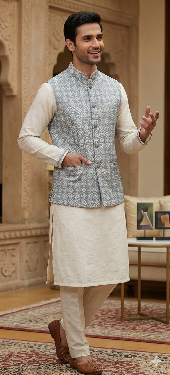 Light Grey jacquard Nehru Jacket & Kurta Set.