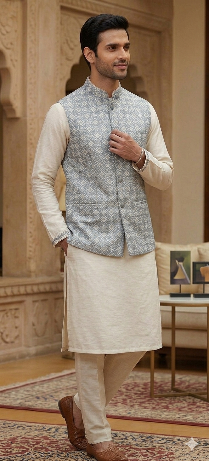 Light Grey jacquard Nehru Jacket & Kurta Set.
