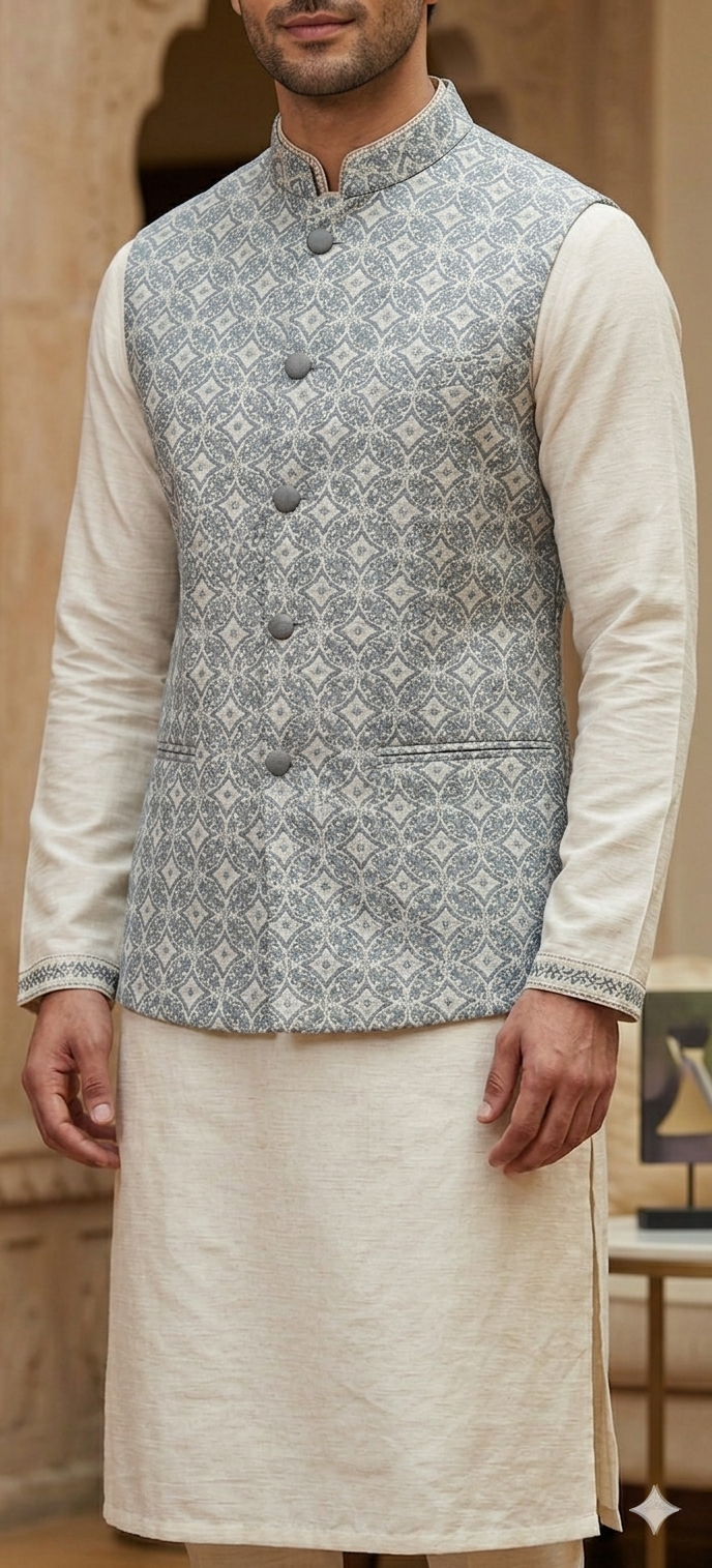 Light Grey jacquard Nehru Jacket & Kurta Set.