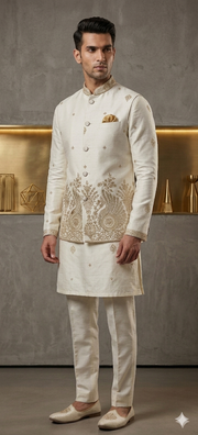 Maharaja Ivory Peacock Koti Kurta Set