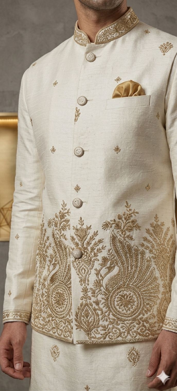 Maharaja Ivory Peacock Koti Kurta Set