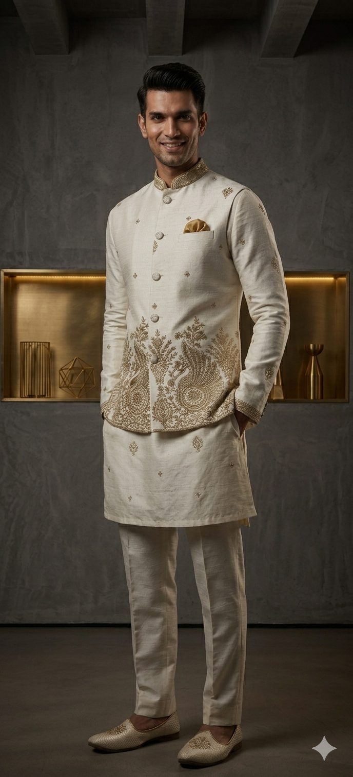 Maharaja Ivory Peacock Koti Kurta Set