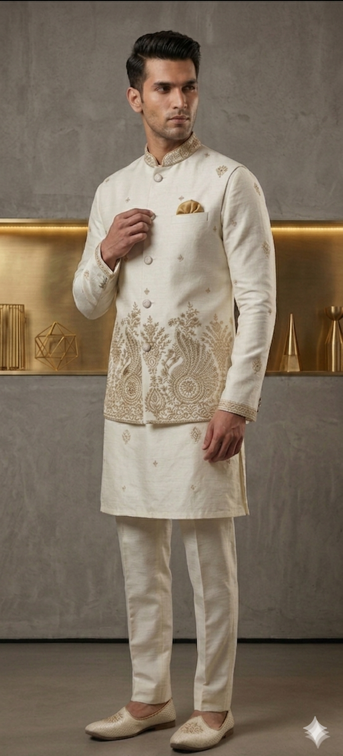 Maharaja Ivory Peacock Koti Kurta Set