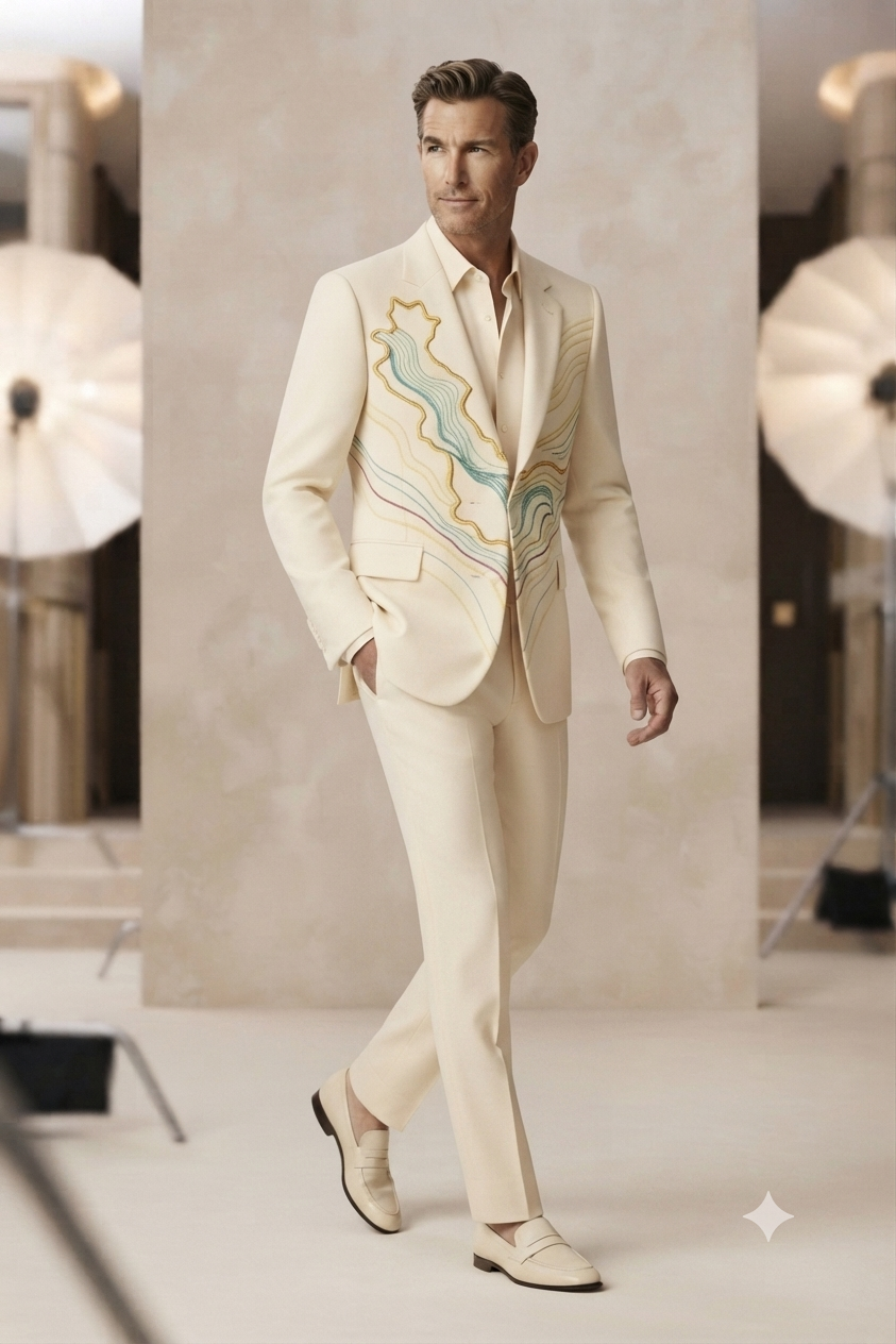 Embroidered Cream Tuxedo Suit