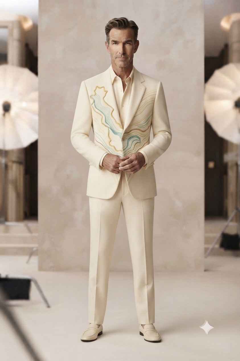 Embroidered Cream Tuxedo Suit