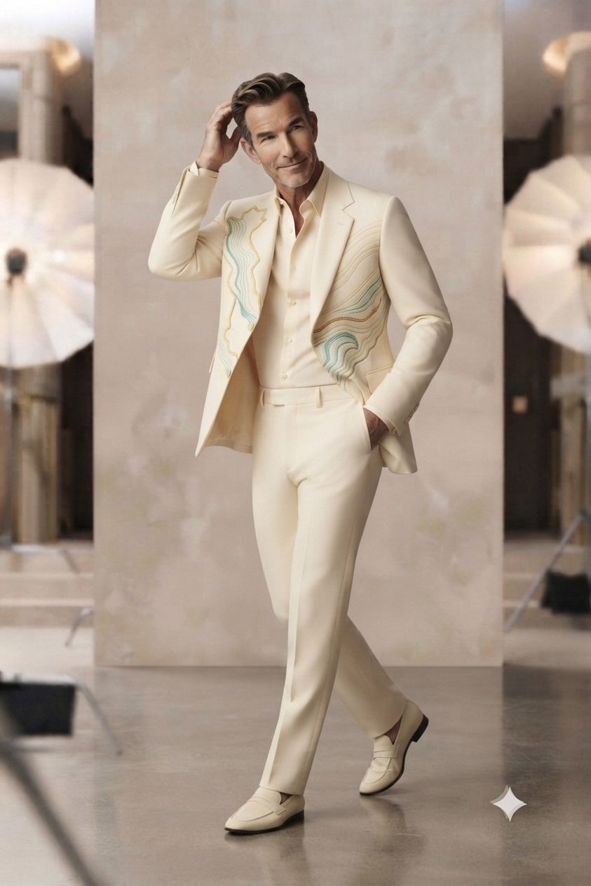 Embroidered Cream Tuxedo Suit