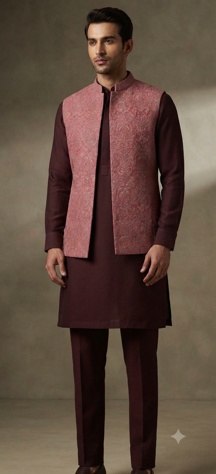 Deep Maroon Kurta with Mauve Pink Nehru Jacket