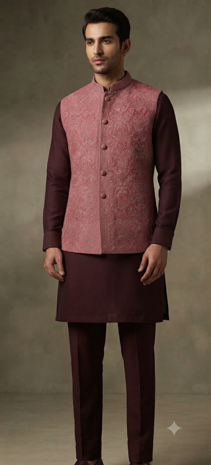Deep Maroon Kurta with Mauve Pink Nehru Jacket