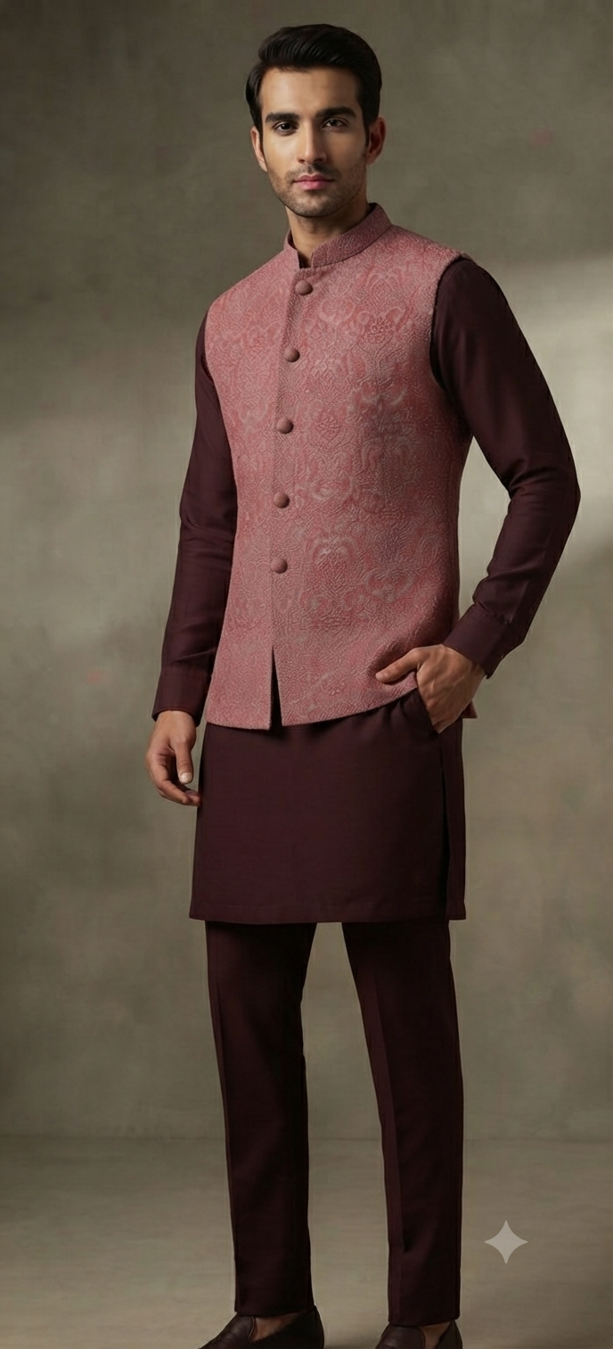 Deep Maroon Kurta with Mauve Pink Nehru Jacket