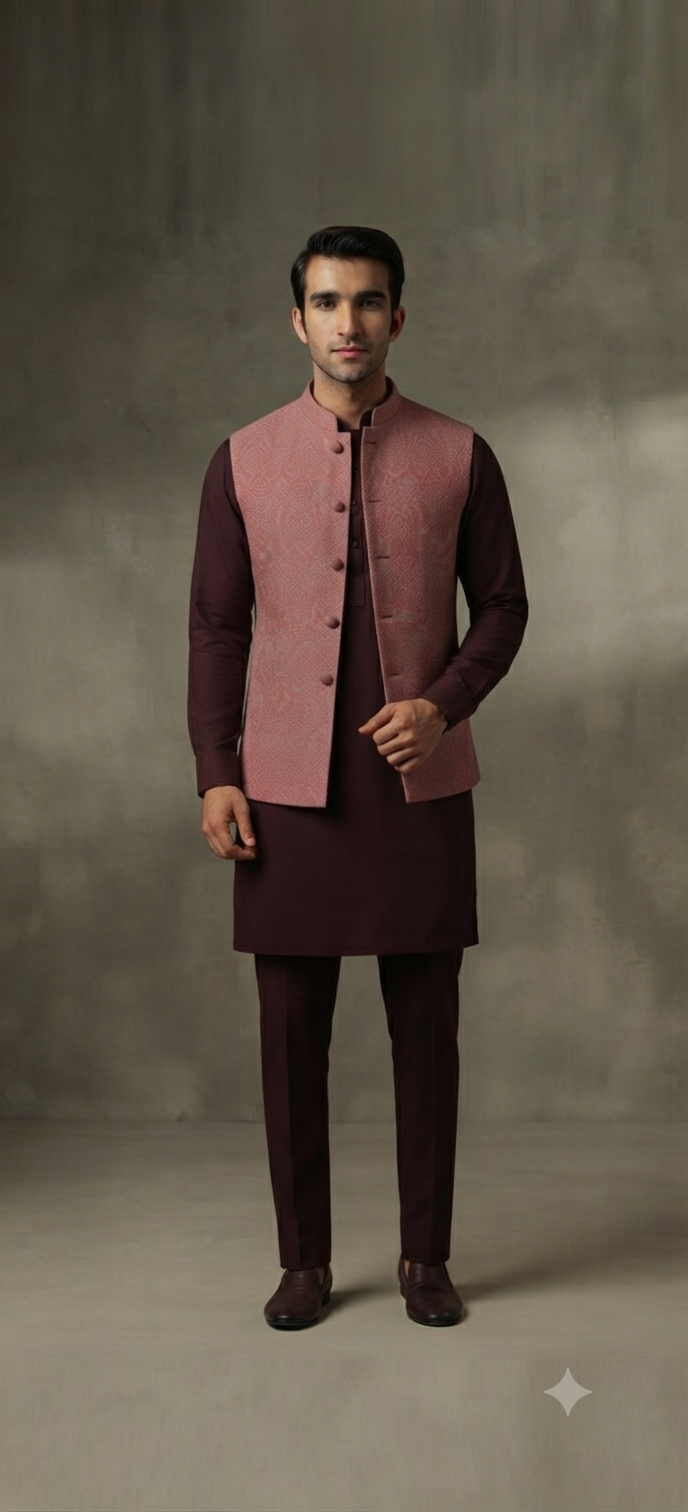 Deep Maroon Kurta with Mauve Pink Nehru Jacket