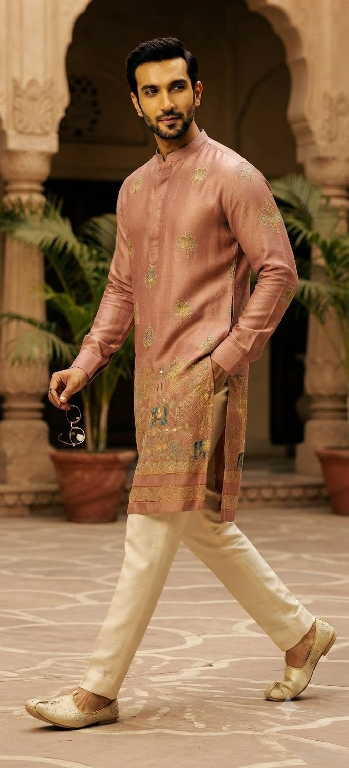 Rose Pink Motif Embroidered Silk Kurta Set