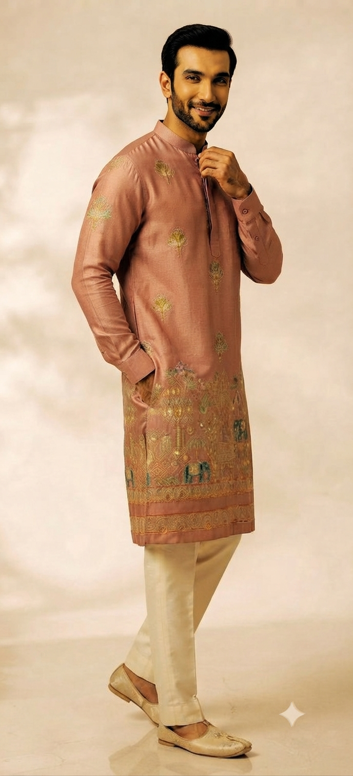 Rose Pink Motif Embroidered Silk Kurta Set