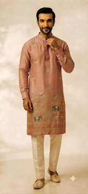 Rose Pink Motif Embroidered Silk Kurta Set