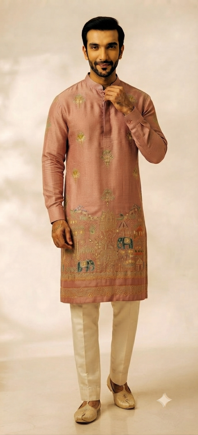 Rose Pink Motif Embroidered Silk Kurta Set
