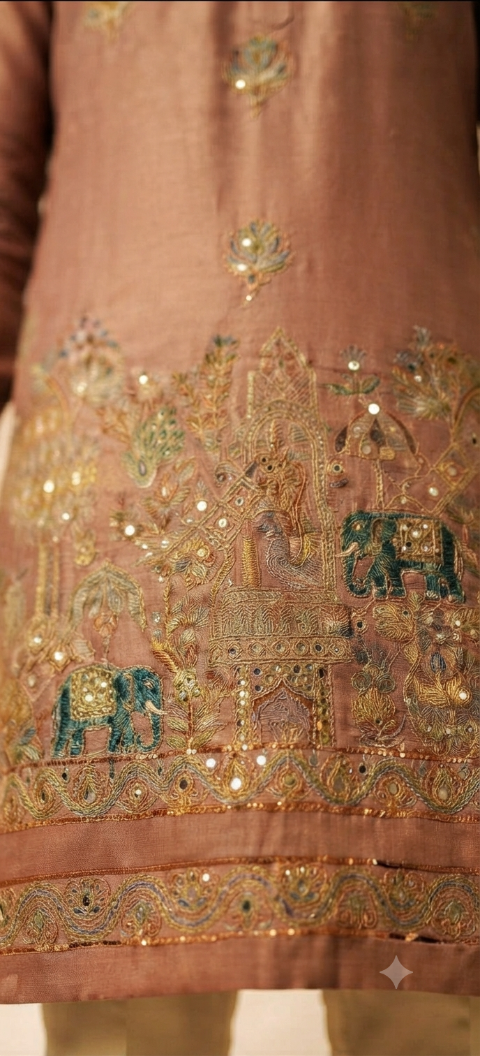 Rose Pink Motif Embroidered Silk Kurta Set