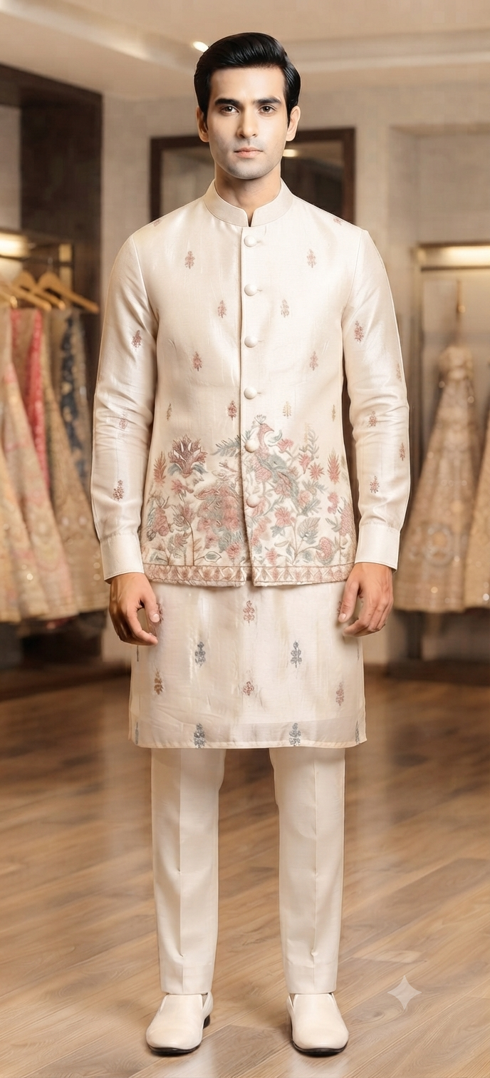 Ivory Silk Peacock Embroidered Jacket Kurta Set